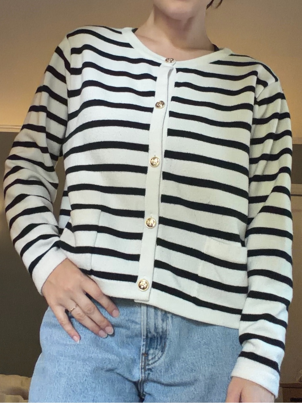 Striped Crewneck Button Cardigan Sweater- White & Black